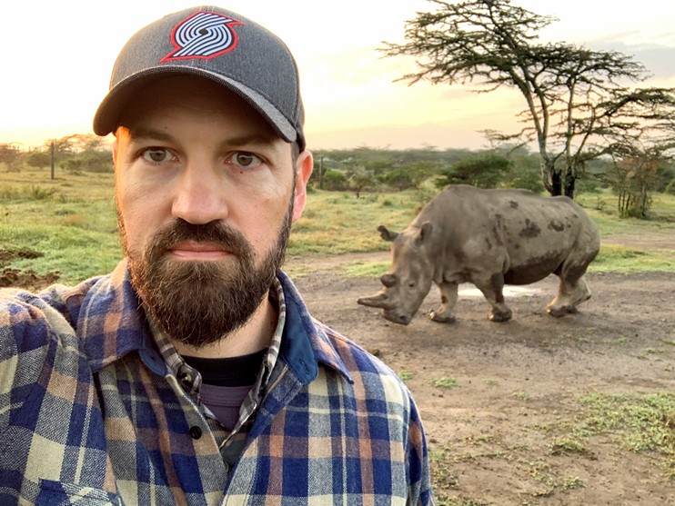 Author Sam Anderson in Kenya in front of one of the world’s last two surviving Northern White rhinos.