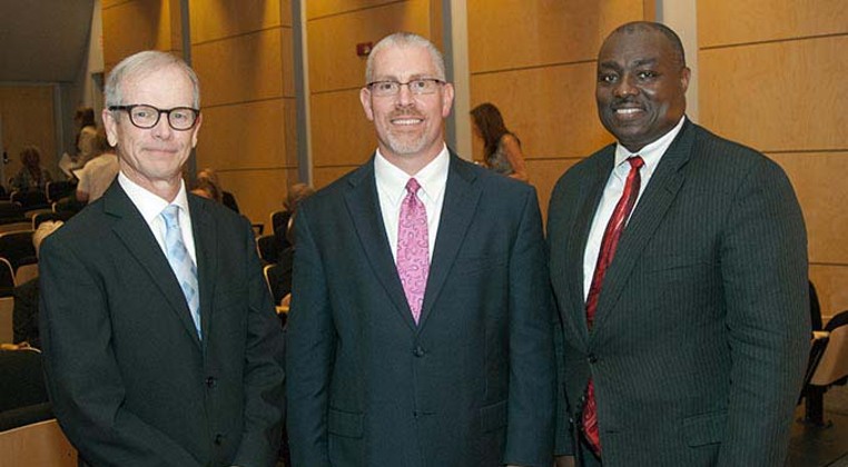 From left, Jon Walker, Tim Rogers and Roosevelt Weeks, director candidates, before the start of the Public Forum concerning the choice of a new OKC Metro Library System director, at the Ronald J. Norick Downtown Library. (Mark Hancock)