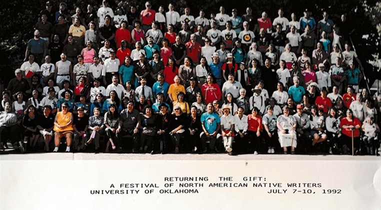 Participating writers for the first Returning the Gift conference gather for a group photo in 1992. (Returning the Gift / provided)