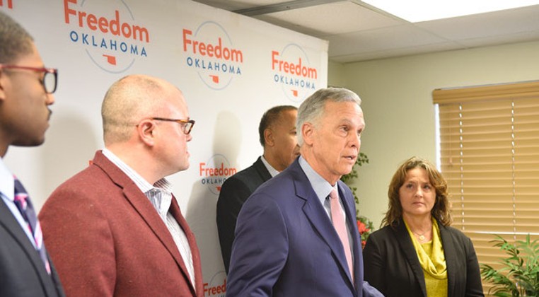 Kirk Humphreys issued an apology at a press conference with Freedom Oklahoma and later told John Rex Charter Elementary School parents he has no plans to step down from its board of directors. (Photo Laura Eastes)