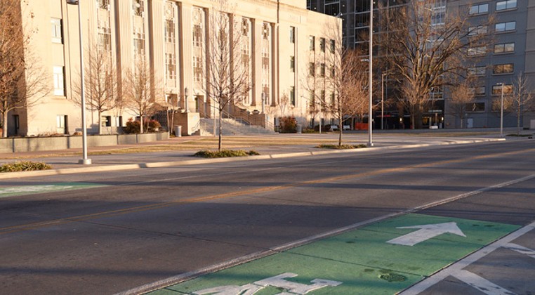 The concepts of livable streets are peppered through Oklahoma City&#146;s transportation system, like the bike lanes along Walker Avenue downtown. (Photo Laura Eastes)