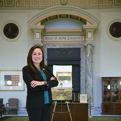 Cyndi Munson, House District 85, stands in front of the House entrance at the Oklahoma State Capitol (Gazette / file)