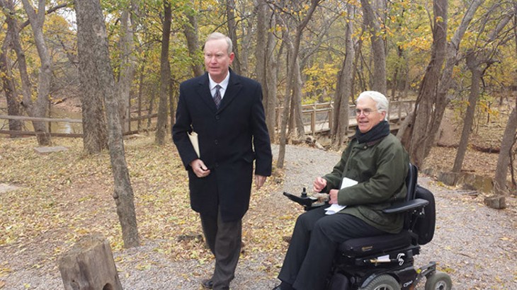 Mayor Mick Cornett and Jack McHanan or Wilderness Matters were on hand to celebrate the start of construction on the Courage Trail at Martin Park Nature Center. (Ben Felder)