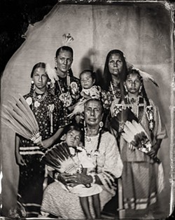 Casey Camp-Horinek, Citizen of Ponca Tribe of Oklahoma, &#147;Zhuthi,&#148; and Lola Williams, Citizen of Ponca Tribe of Oklahoma, Granddaughter of Casey Camp-Horinek, Age 2, and Diane Fafa, Citizen of Ponca Tribe of Oklahoma, Granddaughter of Casey Camp-Horinek, Age 10, and Matheanna Williams, Citizen of Ponca Tribe of Oklahoma, and Isaiah Williams, Ponca, Age 1, and Jewel Camp, Citizen of Ponca Tribe of Oklahoma, and Serena Horinek, Citizen of Ponca Tribe of Oklahoma, Granddaughter of Casey Camp-Horinek (Will Wilson / Fred Jones Jr. Museum of Art / provided)