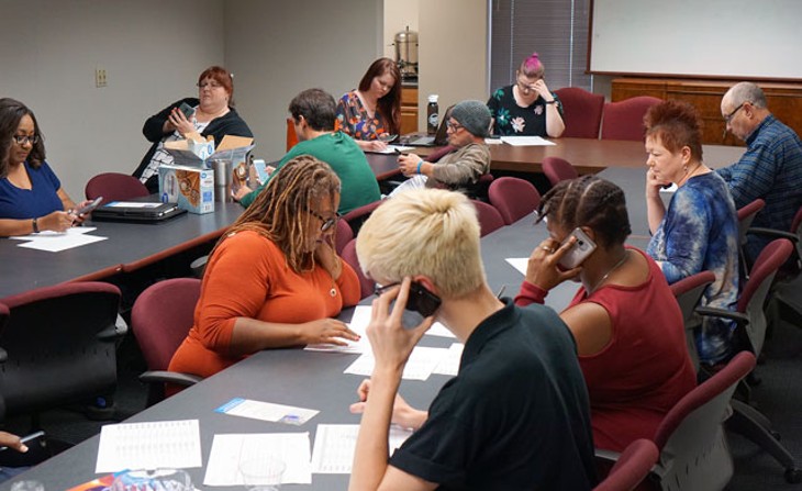 On Wednesdays, the Oklahoma Democratic Party&#146;s office turns into a phone bank where volunteers make calls to voters in support of the Democratic candidate in the Senate District 45 race. (Photo Megan Nance)